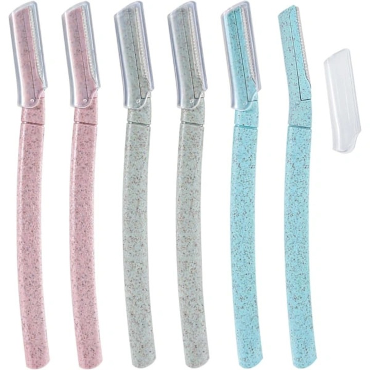 Set 6 bucati, lama de ras pentru fata dermaplaning, pentru indepartare par facial si sprancene, pliabil cu capac protector, manson texturat, multicolor, 6 x 1 buc