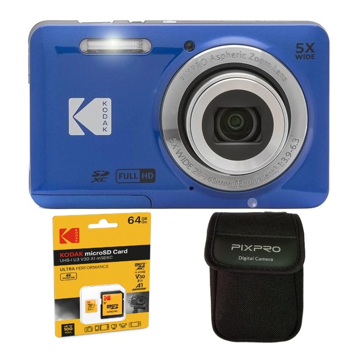 Pachet Aparat Foto Kodak PixPro FZ55, 16 MP, Zoom 5X, Vlogging, Full HD – 1080p, include geanta transport si card 64 GB Kodak, Albastru