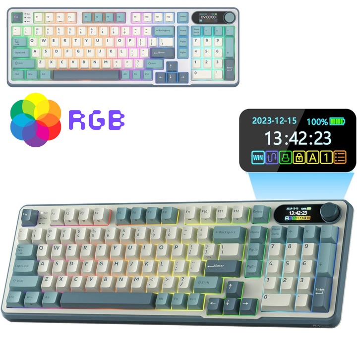Безжична механична клавиатура, професионална гейминг S98, RGB с режими на осветление, интелигентен цифров екран, Hot Swap, Bluetooth 5.0/2.4GHz/USB-C, многофункционален бутон, PBT капачки за клавиши, 98 клавиша, съвместима с Windows/Mac, бяло-синя
