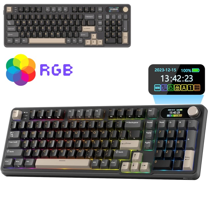 Tastatura Mecanica Wireless, Gaming Profesionala S98, RGB cu Jocuri de Lumini, Ecran Digital Inteligent, Hot Swap, Bluetooth 5.0/2.4GHz/USB-C, Buton Multifunctional, PBT Keycaps, 98 Taste, Compatibila Windows/Mac, Negru-Maro