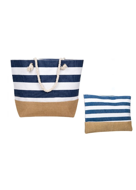 Set Geanta cu Portfard de Paie Alba Dungi Bleu pentru Plaja 56x15x43cm / 29x21 cm