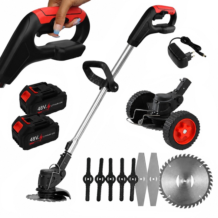 Motocoasa electrica fara fir, Zola, 2 x 6000 mAh, 48V, 2 lame metalice, 5 lame plastic, 1x disc Widia, manerul reglabil si arborele telescopic, roti atasabile