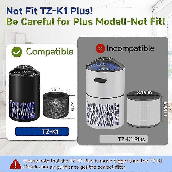 Kompatibilis TZ-K1 csere szűrő ToLife, FreAire KN6391, Aroeve MK01/MK06 készülékekhez, H13 True HEPA, 3 az 1-ben rendszer előszűrővel és aktívszén szűrővel, Fekete, 2 darab