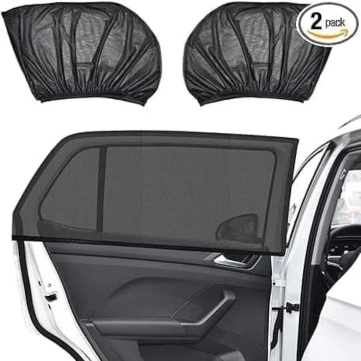 Set 2 bucati, Parasolar auto pentru geam spate, plasa elastica din nylon, anti-UV 95% si anti-tantari, protectie intimitate, Negru