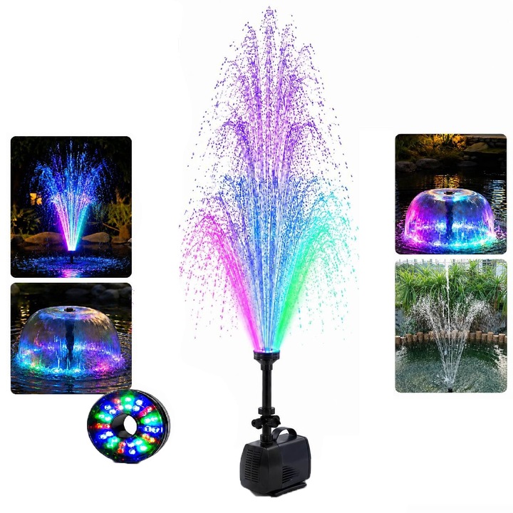 Fantana arteziana cu lumini LED, kit de fantana arteziana, pompa submersibila 5500 l/h, H Max 5 m, inaltime jeturi maxim 2 metri, 85 W, cu lumini fantana arteziana multicolore, 2 duze jet si clopot
