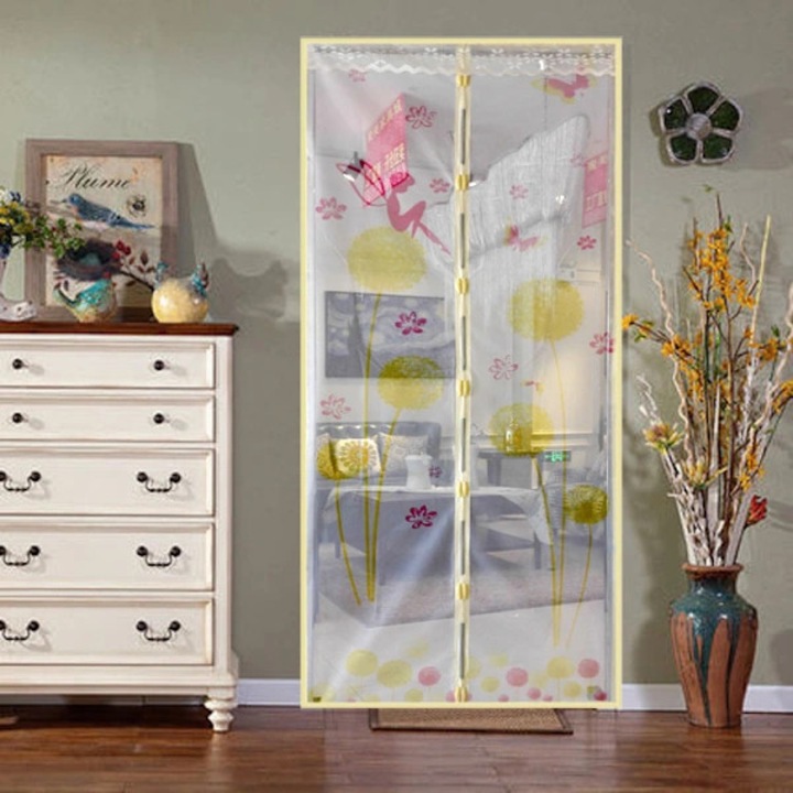 Plasa magnetica pentru usa, plasa anti-tantari Papadie, inchidere magnetica automata, montare usoara cu capse adezive incluse, bej cu imprimeu papadie, 90x210 cm, 1 buc