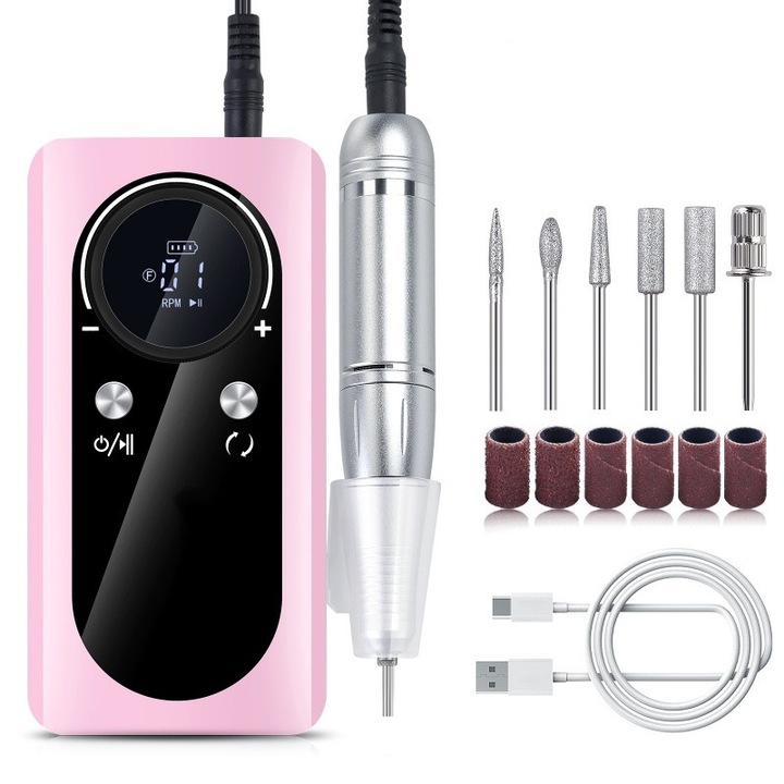 Elektromos manikűr gép, hordozható, rózsaszín, UWOT, 45000RPM, 2000mah, 6 manikűr fejjel, előre/hátra forgatás, intelligens LCD kijelzővel felszerelve, gél manikűrhöz, kézi manikűrhöz alkalmas, alacsony zajszint