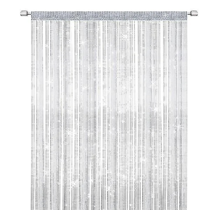 Perdea din siruri, draperie separatoare din poliester cu fire argintii, cu franjuri si buzunar pentru sina, alb, 100x200 cm