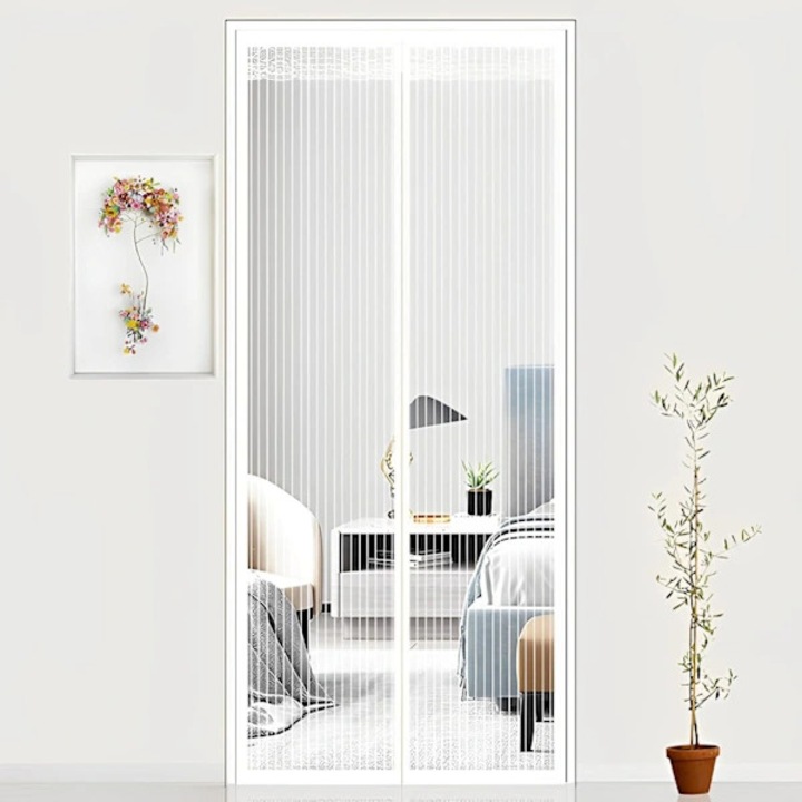 Plasa de tantari / plasa insecte magnetica pentru usa, din material textil grosit, inchidere automata cu 16 magneti, alb, 90x190 cm, 1 buc