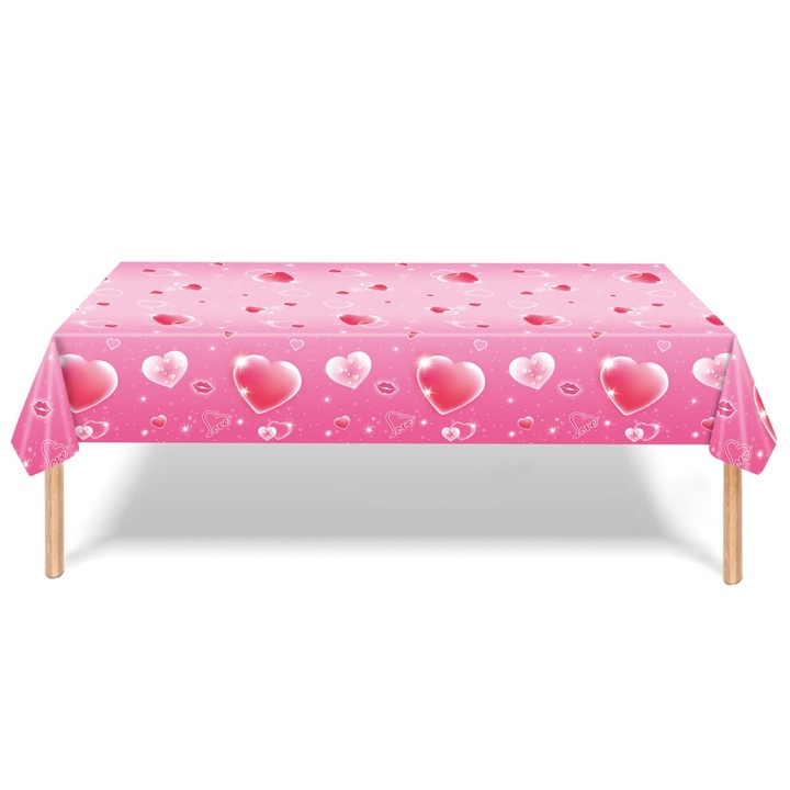 Fata de masa / folie de masa 137 x 274 cm, din plastic, de unica folosinta, cu imprimeu inimioare roz, Roz, 1 bucata