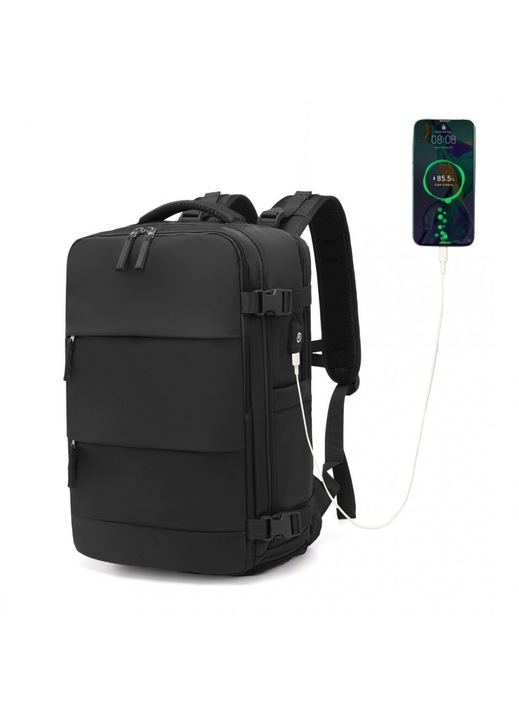Többfunkciós hátizsák, 15.6 hüvelykes laptop rekesz, vízlepergető, USB port, utazáshoz, túrázáshoz, mindennapi tevékenységekhez, KONO, EQ2344, Fekete