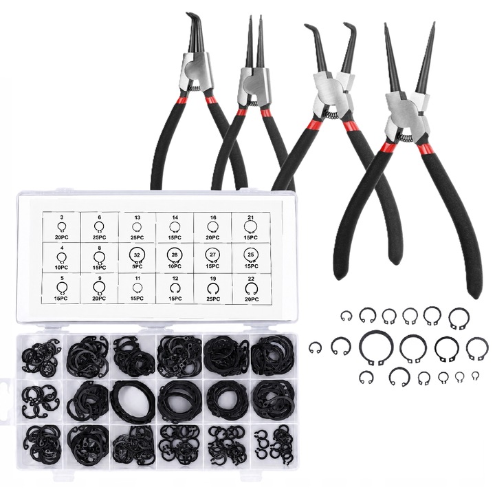 Set 4 clesti pentru inele de siguranta, Zola, 300 inele Seger 3-32 mm, manere antiderapante, organizator inclus