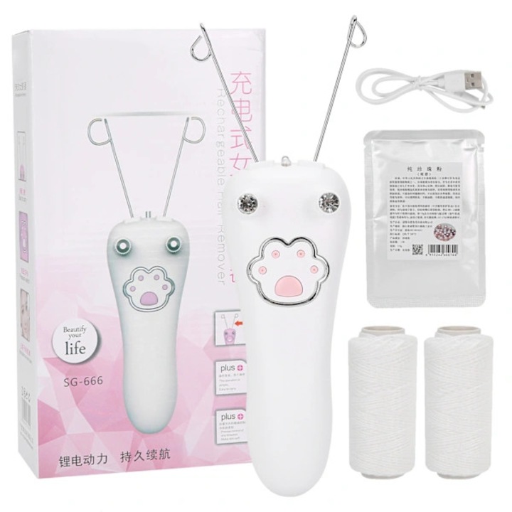Epilator / aparat de epilat cu fir din bumbac SG-666, USB reincarcabil, cu iluminare LED si design ergonomic, Alb, 1 set (aparat, 2 role fir, cablu USB)