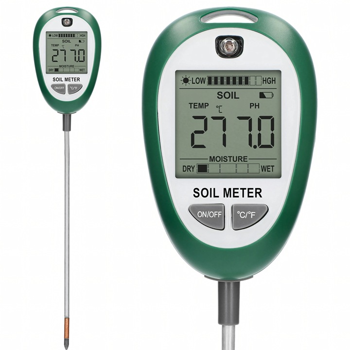 Tester sol 4 in 1, Zola, masurare pH, umiditate, lumina si temperatura, ecran LCD, alimentare baterii