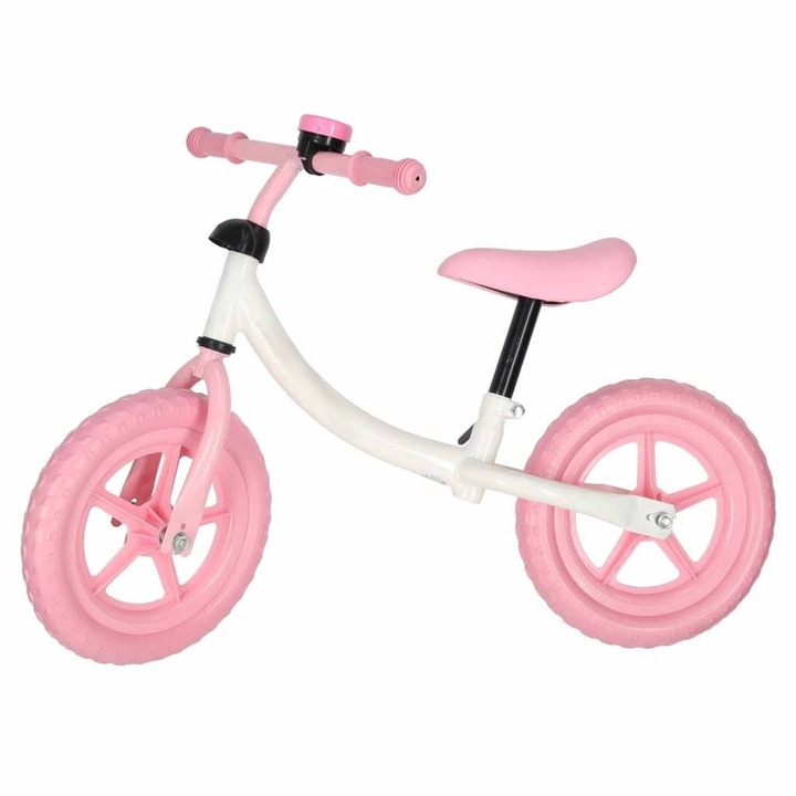 Bicicleta de echilibru fara pedale pentru copii, Zola, sa si ghidon reglabile, roti EVA, sonerie, suporta 30 kg, alb/roz