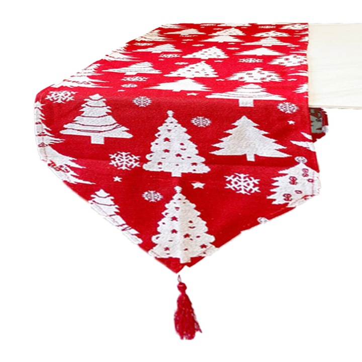 Karácsonyi asztali futó (futó, asztalterítő), pamut-poliészter keverékből, akvarell mikulásvirág mintával, beltéri és kültéri használatra, piros, 33 x 180 cm, 1 db