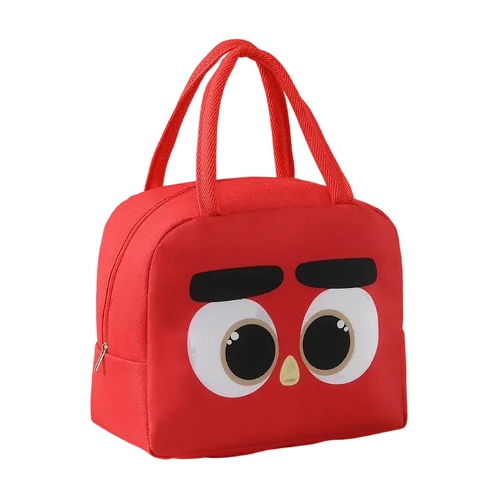 Geanta termoizolanta pentru pranz copii, model pasare, panza Oxford rezistenta, interior cu folie aluminiu, rosie, 22 x 14 x 19 cm