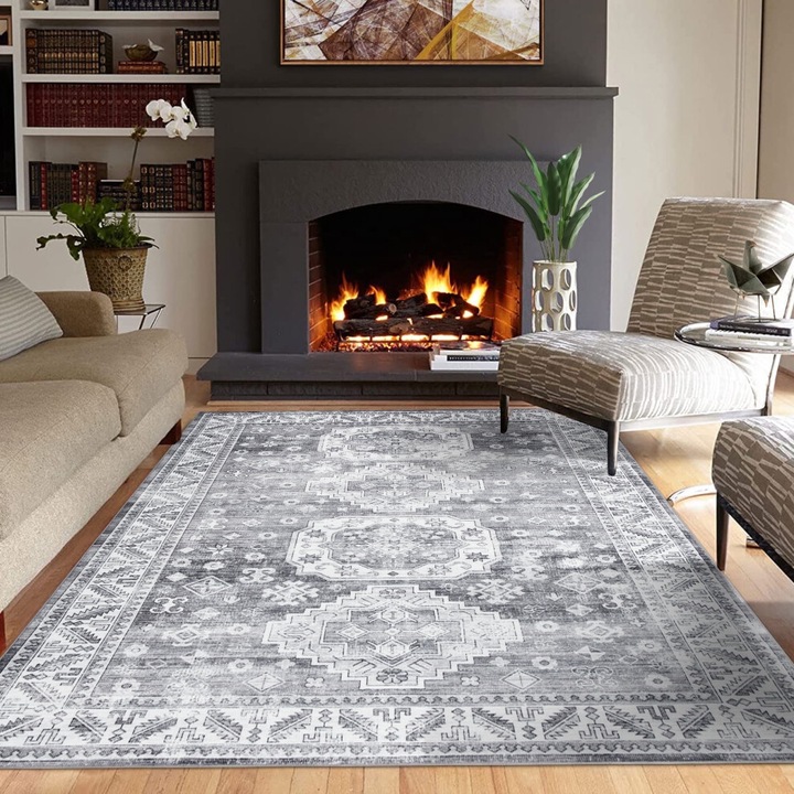 Covor vintage antiderapant gri 150x210cm, scurt, lavabil masina