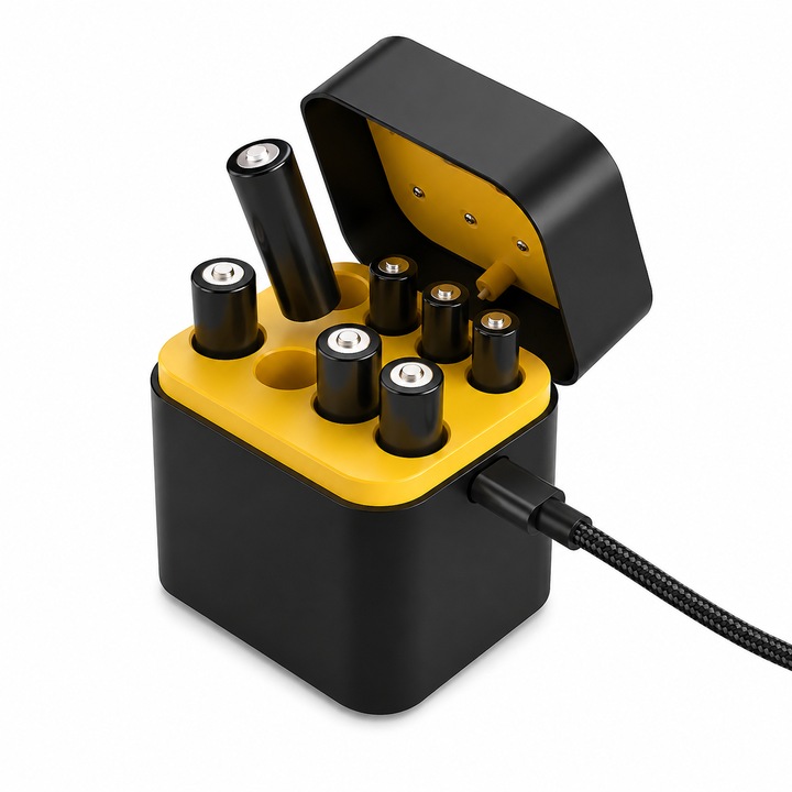 Incarcator baterii, compact, incarca rapid si sigur bateriile litiu, indicatori LED inteligenti, se conecteaza cu port universal tip C, cu husa de transport integrata - ENERVIR VYZIO®