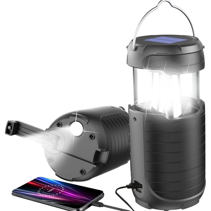 Napelemes és kézi hajtányos lámpa 5000 mAh, kempinglámpa/vészvilágítás, USB töltés, power bank funkció, 32 LED 360°, akár 8 óra üzemidő, fekete, 1 db.