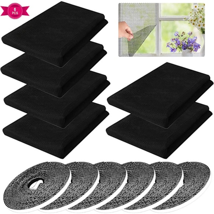 Set 6 bucati, Plasa pentru tantari/plasa anti-insecte la geam 150x130 cm, cu banda Velcro autoadeziva inclusa, taietabila si reutilizabila, Negru