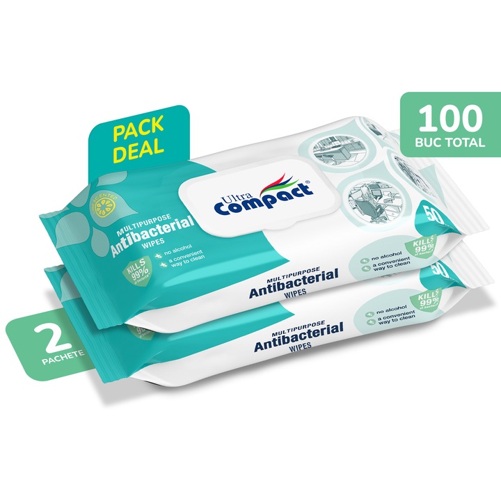 Servetele umede Antibacteriene Multi-suprafete, 2 Pachete x 50 Buc (100 Buc) Marime+ (23 x 22 cm), Grosime+ (50 gsm), Ultra Compact, 50 buc