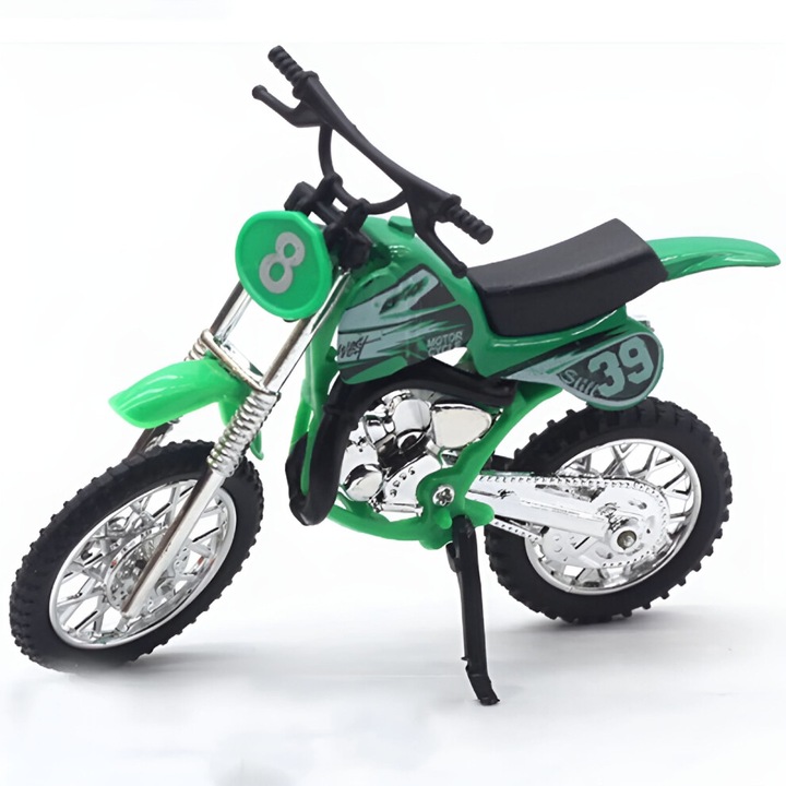 Motocross miniatűr 1:18, könnyűfém ötvözetből készült redukált modell, csúszó és forgó első kerékkel, környezetbarát festék, műszaki műanyag alkatrészek, Zöld, 1 db, 10,5 x 4,59 cm