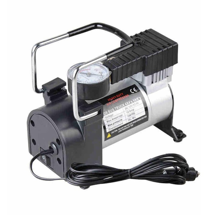 Compresor/pompa electrica pentru anvelope J0M6, 12 V, 200 PSI, 120 W, cu manometru si cablu 2 m, portabil, negru, 1 buc