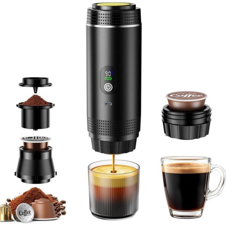 Espressor portabil / cafetiera portabila mini 3-in-1, baterie 7500mAh, incarcare USB-C 10W, presiune 20 bar, compatibil capsule si cafea macinata, inox 304, negru, 1 bucata