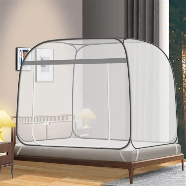 Cort anti-tantari pop-up pliabil, plasa pentru pat fara baza, cu usi duble si plasa densa din poliester, Alb, 200 x 183 x 157 cm