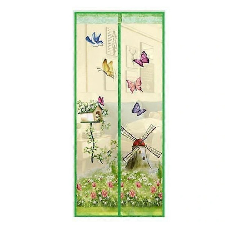 Mágneses szúnyogháló ajtóra, poliészter szúnyogfüggöny pillangó és szélmalom mintával, könnyen felszerelhető, zöld, 100x210 cm