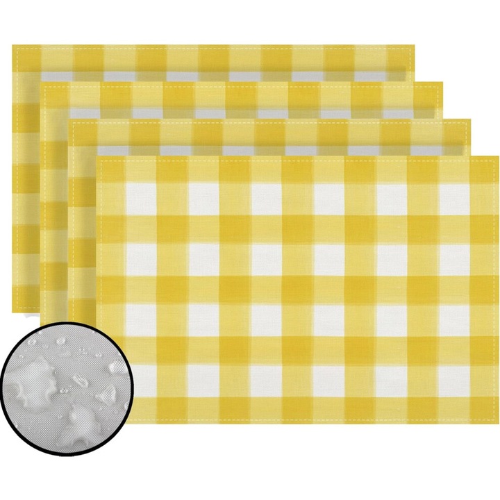 Set 4 bucati, seturi de masa/servete de masa 100% in, model acuarela in carouri, impermeabile, reutilizabile, galben/alb, 30 x 45 cm