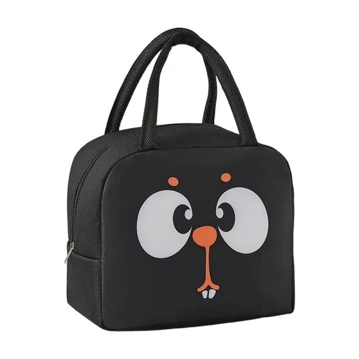 Geanta pentru gustari si pranz cu izolatie termica, model veverita, panza Oxford, usor de transportat, neagra, 22 x 14 x 19 cm