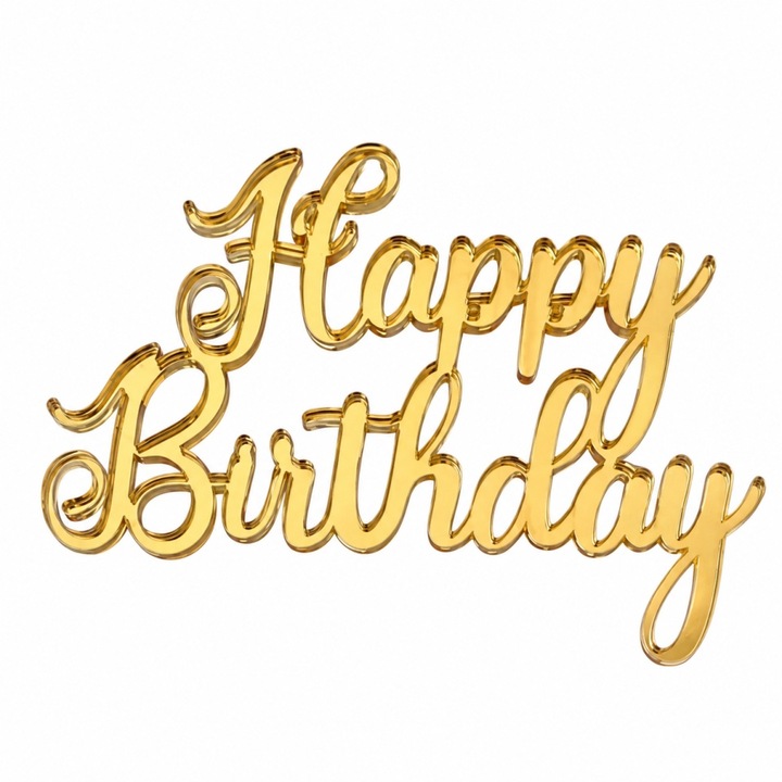 Topper tort acrylic "Happy Birthday", model Auriu, 9 cm - Lumea