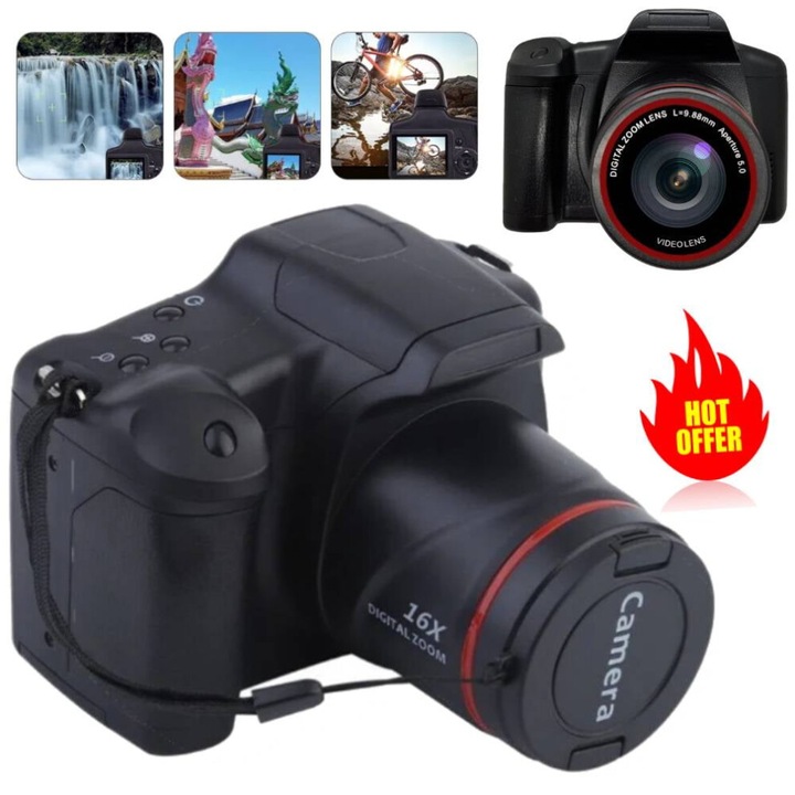 Camera digitala Full HD pentru vlogging, aparat foto compact, zoom digital 16x, mod foto si video cu inregistrare audio, ideal pentru incepatori si adolescenti, Negru