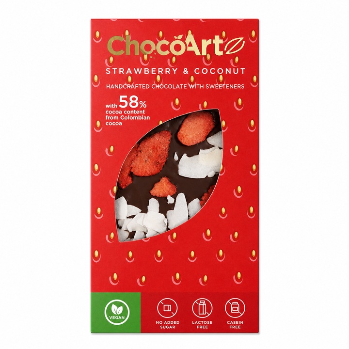 ChocoArt Strawberry & Coconut – Ciocolata artizanala cu capsuni si cocos, Vegan, fara zahar 80g