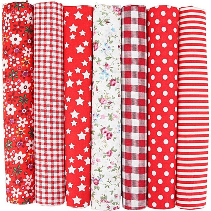 Textil patchwork szett 7 darabos piros 50x50cm puha pamut