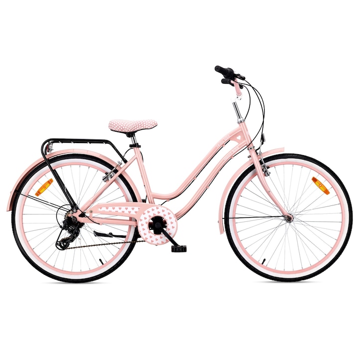 Градски велосипед за момичета, Sun Baby Heart Bike, 26 инча, 7 скорости Shimano, багажник, странична стойка, V-образни спирачки, розов