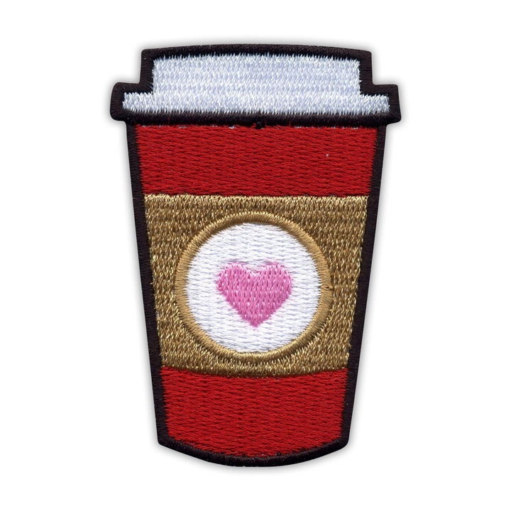 PATCHION, Textil hímzett folt varráshoz, Coffee to GO! mintával, Aszimmetrikus, Többszínű, 7 x 4.8 cm