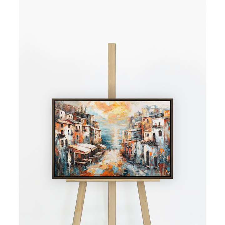 Tablou pictat manual "City by the Sea" – 60x40 cm, panza, acril, rama decorativa