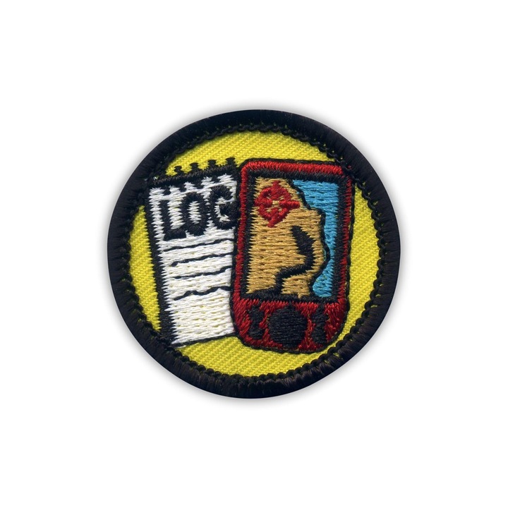 PATCHION, Hímzett textil folt (embléma) varráshoz, kerek, merrow szegéllyel, Geocaching napló és GPS érdem, Többszínű, 4 cm