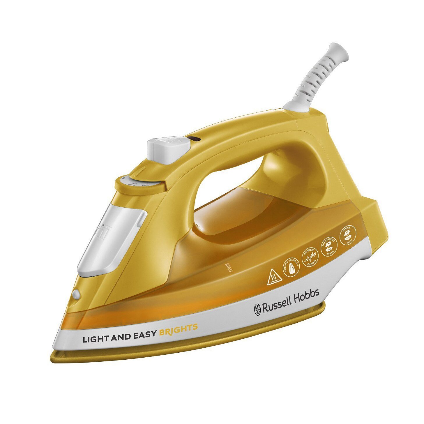 Fier de calcat Russell Hobbs Light & Easy Brights Mango 24800-56, Talpa ceramica colorata, 2400 W, 0.24 l, 90 g/min, Galben/Alb
