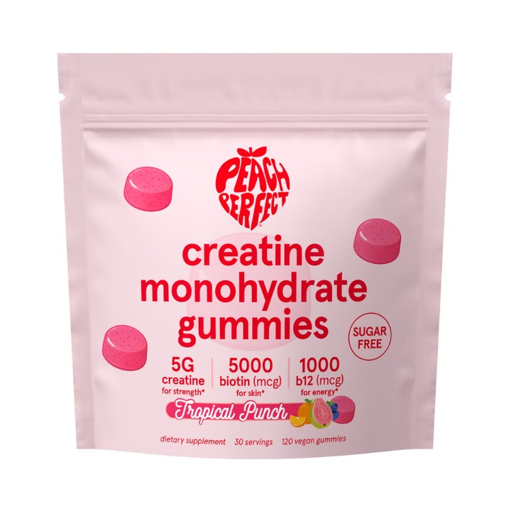 Peach Perfect – Creatine Monohydrate Gummies, Creatina monohidrata, jeleuri cu aroma de fructe tropicale, 120 jeleuri vegane