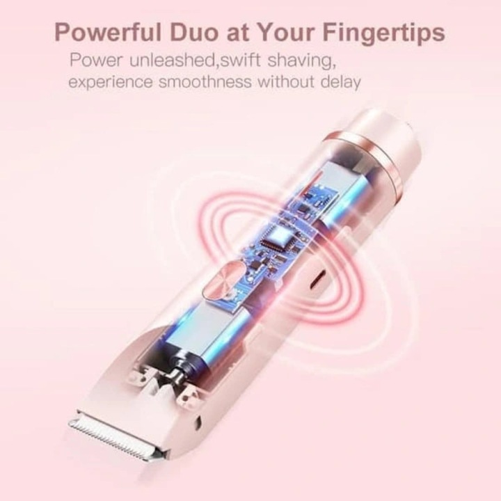 Trimmer electric/epilator 2-in-1 pentru femei, cap dublu, lama in forma de R pentru tundere delicata, IPX7 impermeabil, utilizare umed/uscat, incarcare Type-C, Roz, 1 buc