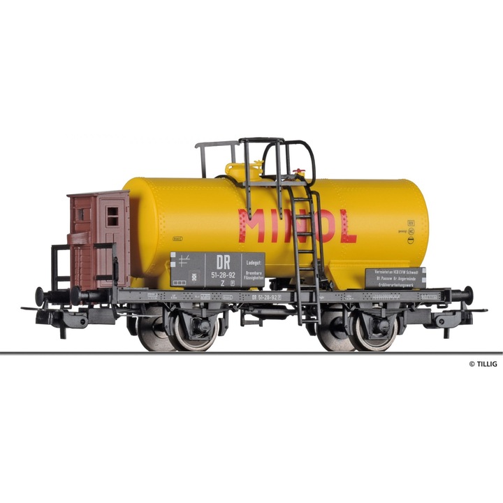 Cisterna cu cabina de franar Minol, DR, H0, Tillig, 77076, ep.III, 102 mm, 14+