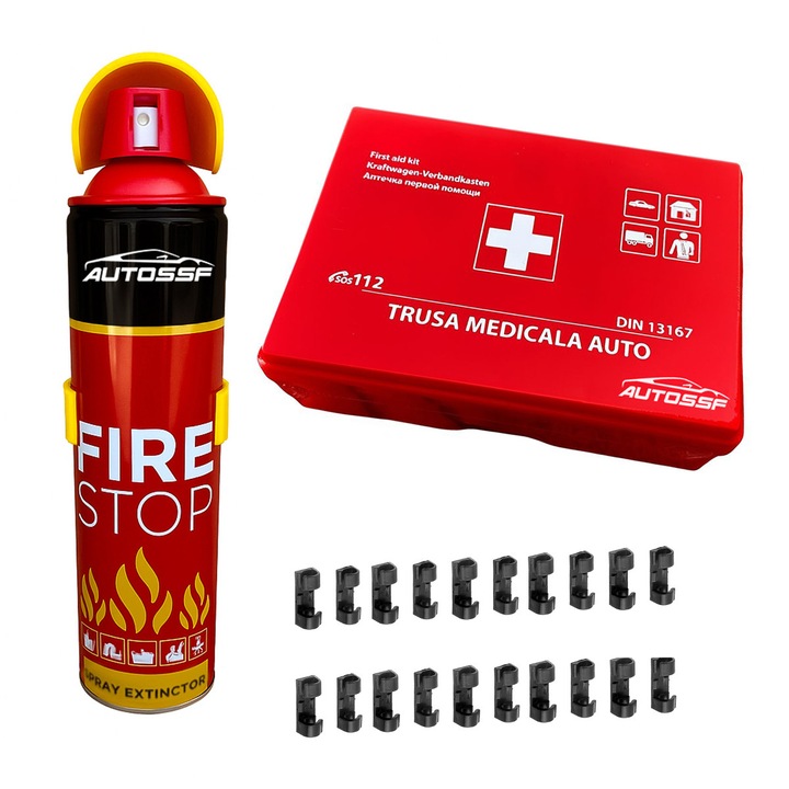 Set kit auto, AutoSSF, trusă de prim ajutor compactă, stingător spray 1000 ml, 20 cleme organizatoare