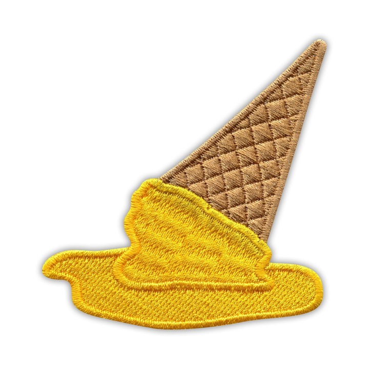 PATCHION, hímzett textil folt varráshoz, aszimmetrikus mintával, bézs/sárga, 7.5x6.2 cm