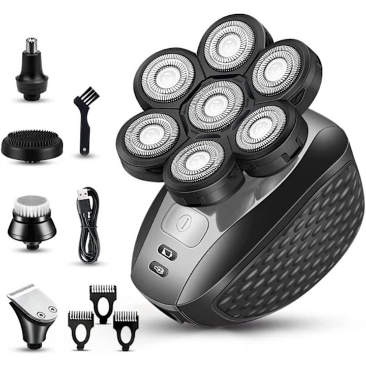 Set 5-in-1, aparat de ras electric/trimmer, cap rotativ 6D, sistem lame dublu inel, USB incarcare rapida 90min autonomie, impermeabil pentru ud si uscat, Negru, 1 set