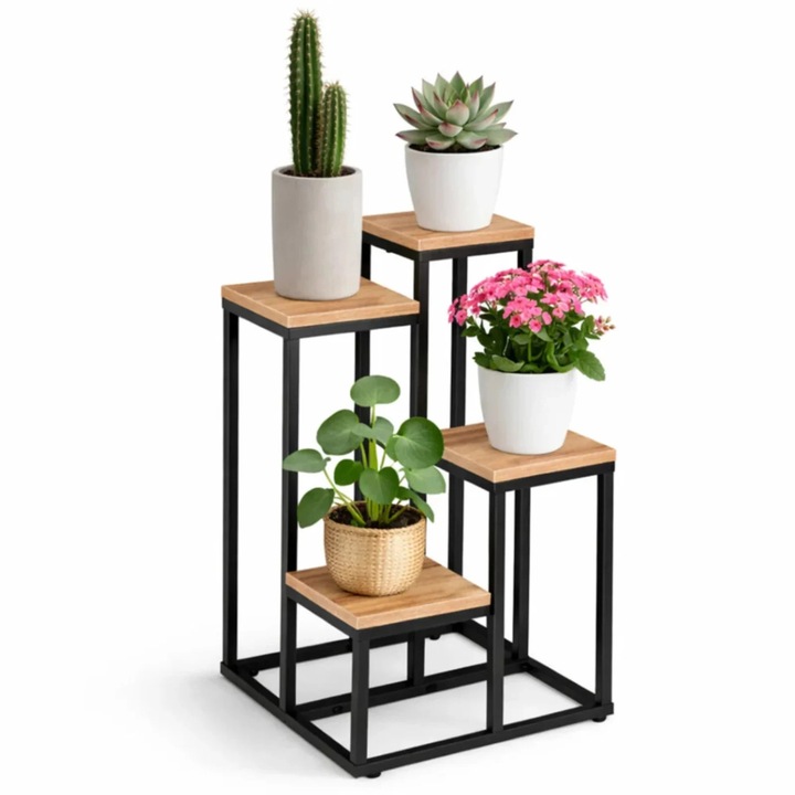VarioShop® virágtartó, 4 szintes, ipari loft stílus, fém szerkezet, Sonoma tölgy polcok, 34x34x69 cm, fekete