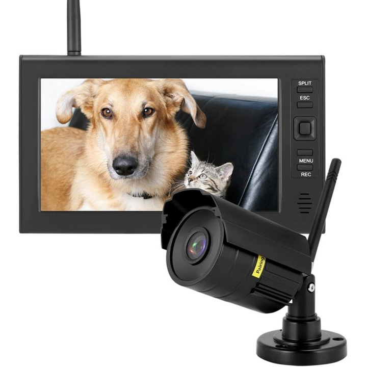 Vezeték nélküli megfigyelőrendszer / 4 csatornás megfigyelő készlet 602D11, 7 hüvelykes LCD kijelző, éjjellátó, felvétel kártyára 32GB-ig, 8GB mellékelve, wifi 2.4GHz, fekete, 1 szett